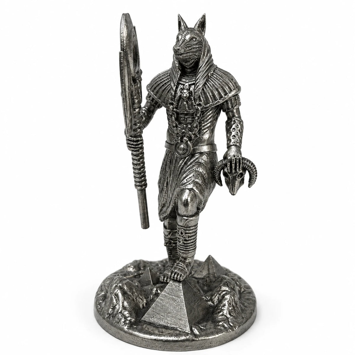 Anubis Egyptian God of the Dead statue – hand-painted SLA resin 15 cm – front view silver finish – PrintableArtForge