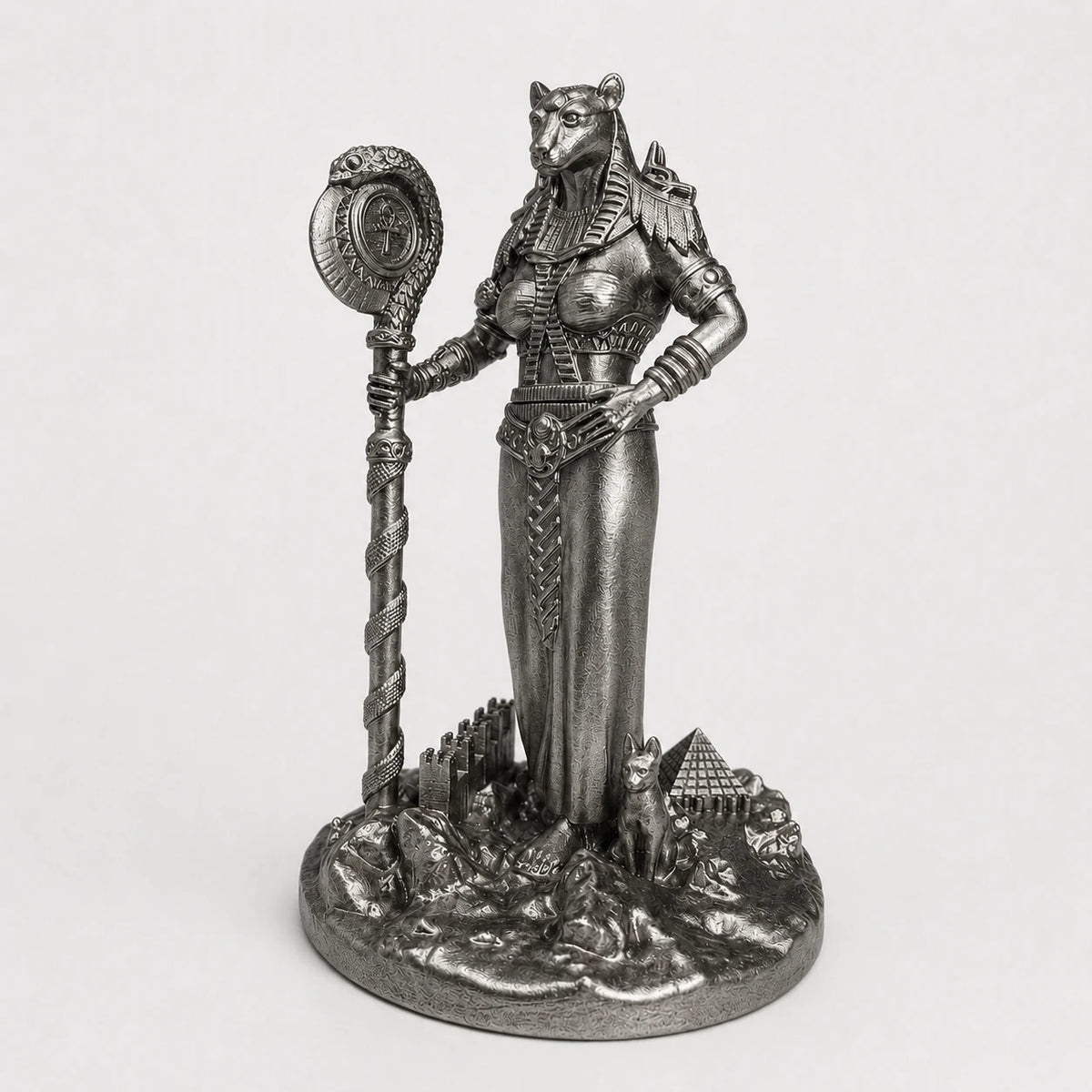 Bastet Egyptian Cat Goddess statue – hand-painted SLA resin 15 cm – front view silver finish – PrintableArtForge