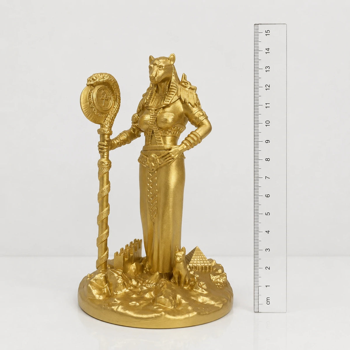 Bastet Egyptian Cat Goddess statue – hand-painted SLA resin 15 cm – size comparison with ruler – PrintableArtForge