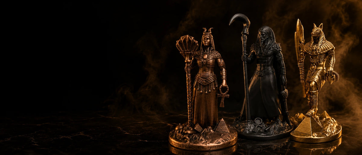 Egyptian Gods statue collection banner – hand-painted SLA resin deity sculptures – PrintableArtForge