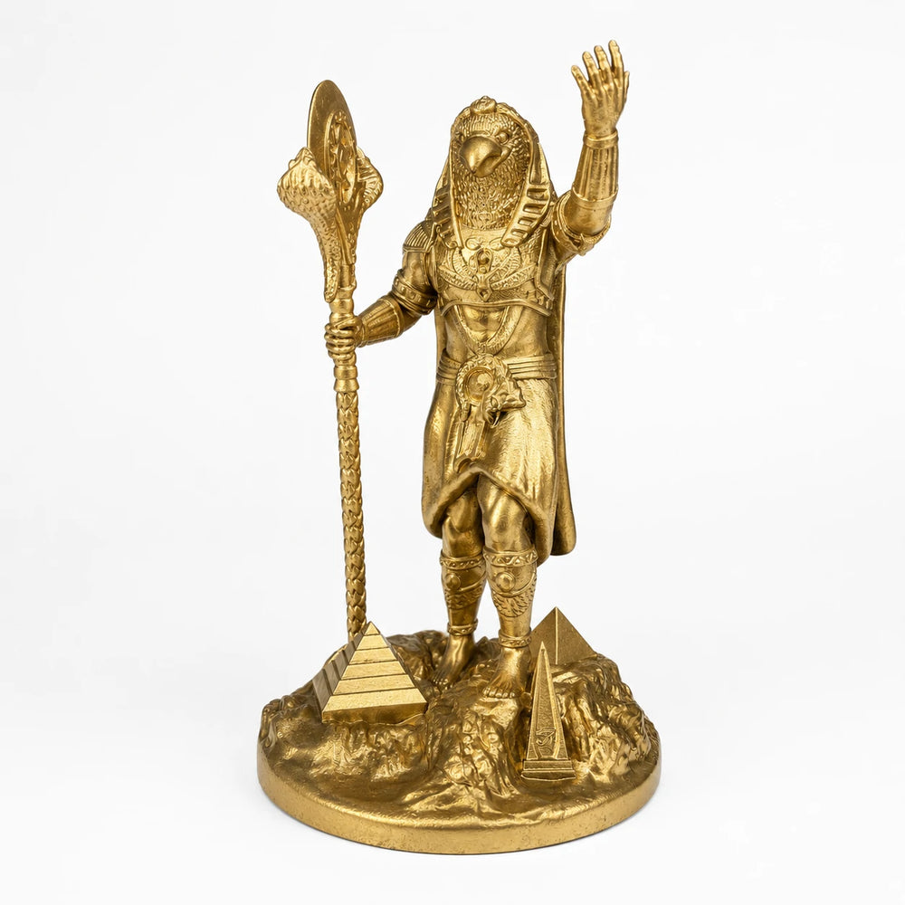 Ra Egyptian Sun God statue – hand-painted SLA resin 15 cm – front view antique gold finish – PrintableArtForge