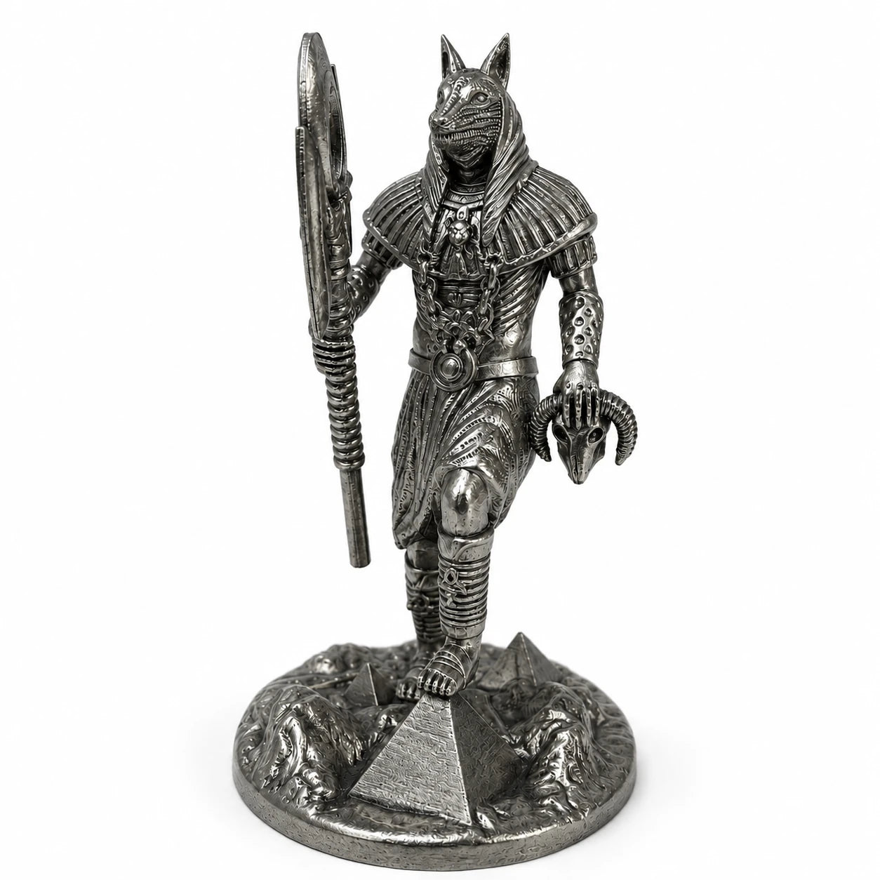 Anubis Egyptian God of the Dead statue – hand-painted SLA resin 15 cm – front view silver finish – PrintableArtForge