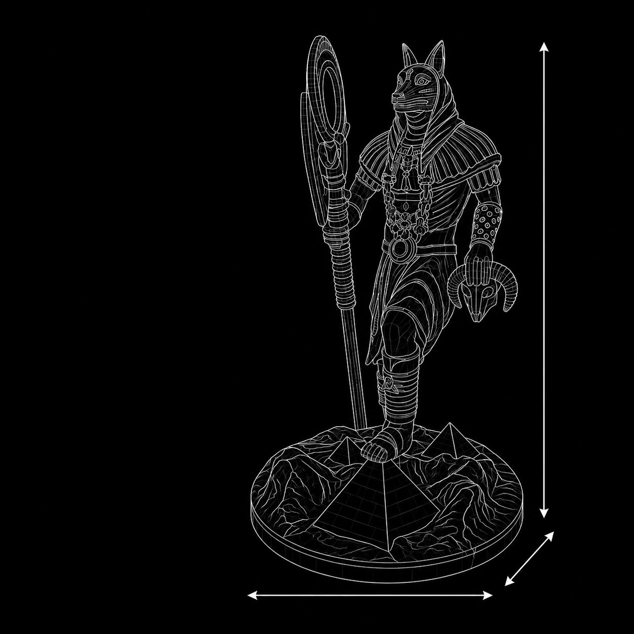 Anubis statue wireframe 3D model – SLA resin Egyptian God sculpture dimensions PrintableArtForge