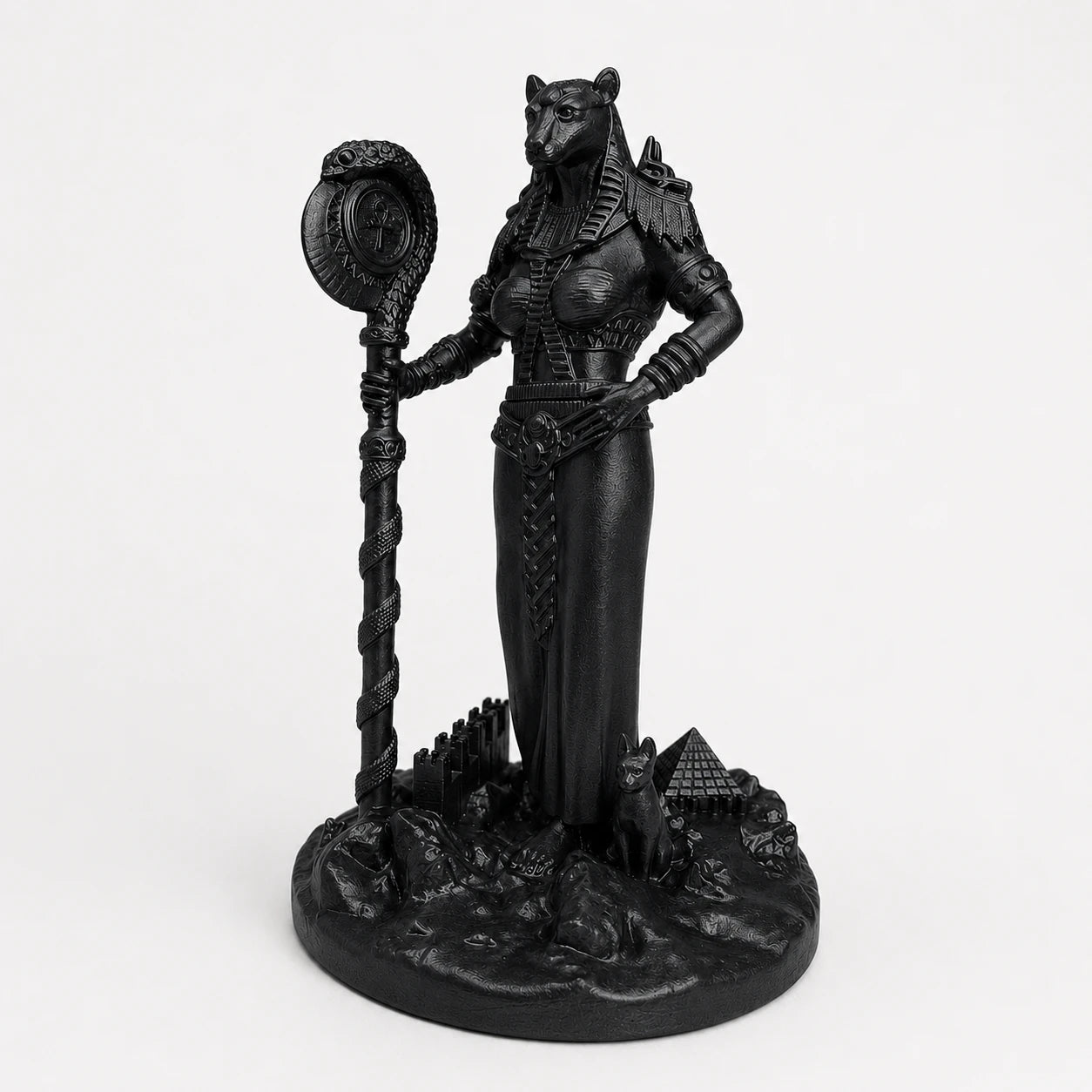 Bastet Egyptian Cat Goddess statue – hand-painted SLA resin 15 cm – front view black finish – PrintableArtForge