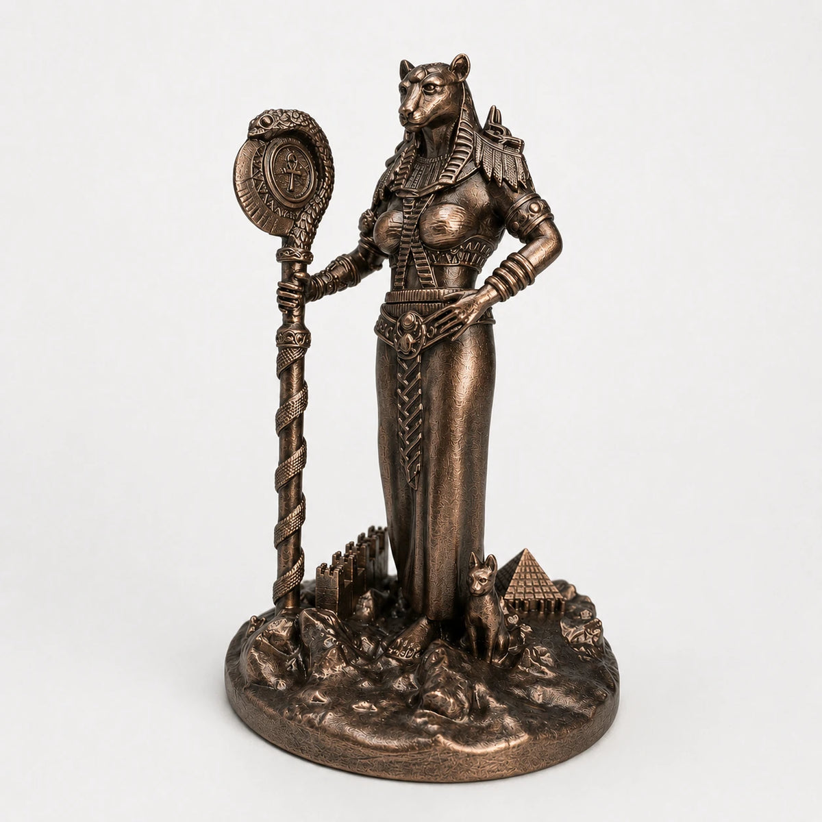 Bastet Egyptian Cat Goddess statue – hand-painted SLA resin 15 cm – front view bronze finish – PrintableArtForge