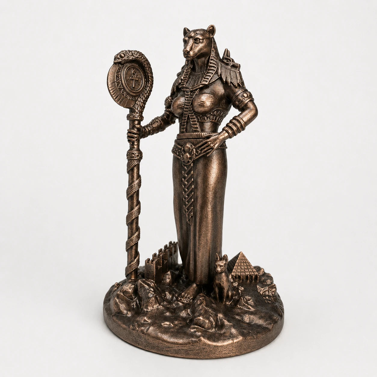 Bastet Egyptian Cat Goddess statue – hand-painted SLA resin 15 cm – front view bronze finish – PrintableArtForge