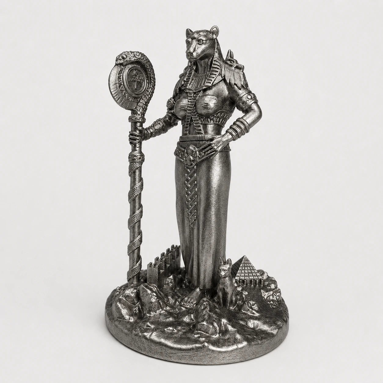 Bastet Egyptian Cat Goddess statue – hand-painted SLA resin 15 cm – front view silver finish – PrintableArtForge