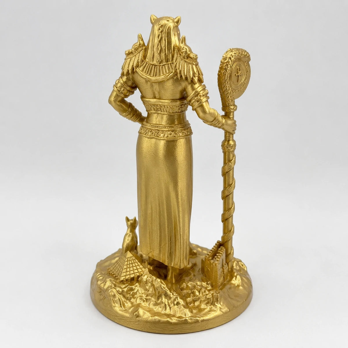 Bastet Egyptian Cat Goddess statue – hand-painted SLA resin 15 cm – back view antique gold finish – PrintableArtForge