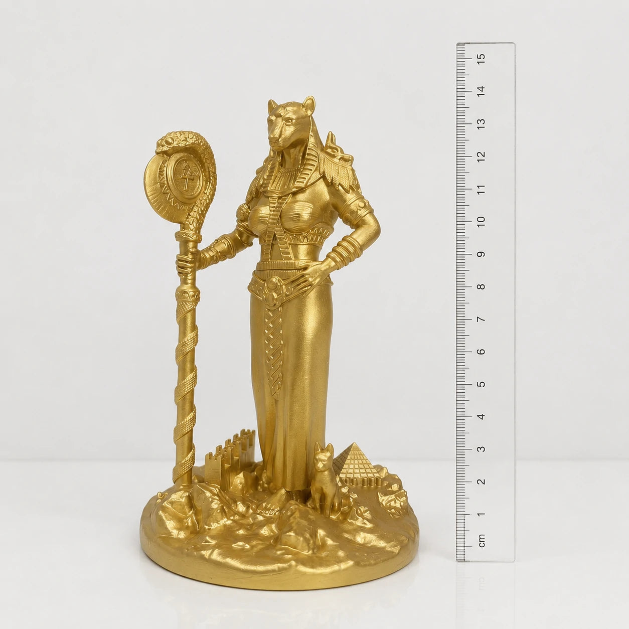 Bastet Egyptian Cat Goddess statue – hand-painted SLA resin 15 cm – size comparison with ruler – PrintableArtForge