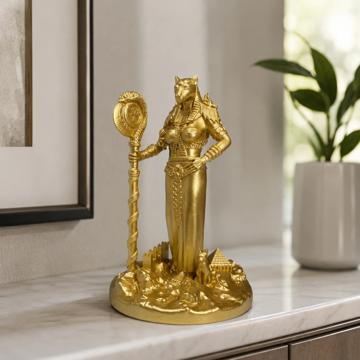 Bastet Egyptian Cat Goddess statue – hand-painted SLA resin 15 cm – lifestyle scene altar setting – PrintableArtForge