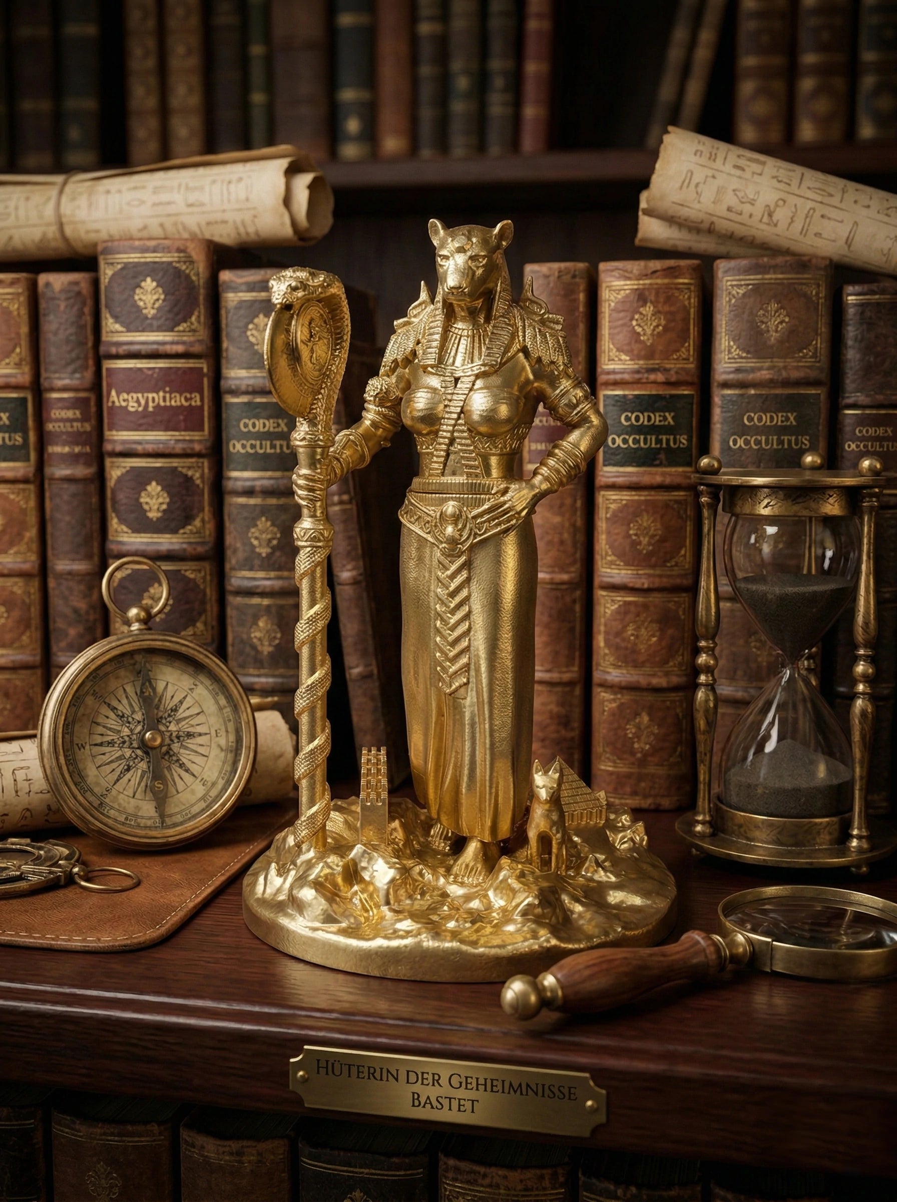 Bastet - Egyptian Goddess - Hand-painted Antique Gold Statue - Altar Decoration