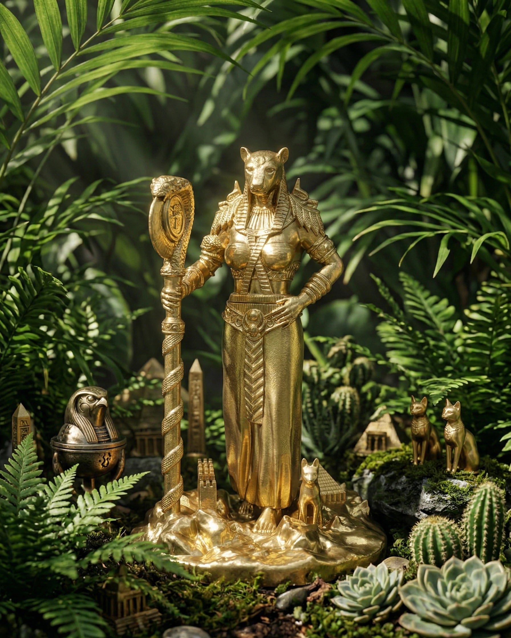 Bastet - Egyptian Goddess - Hand-painted Antique Gold Statue - Altar Decoration