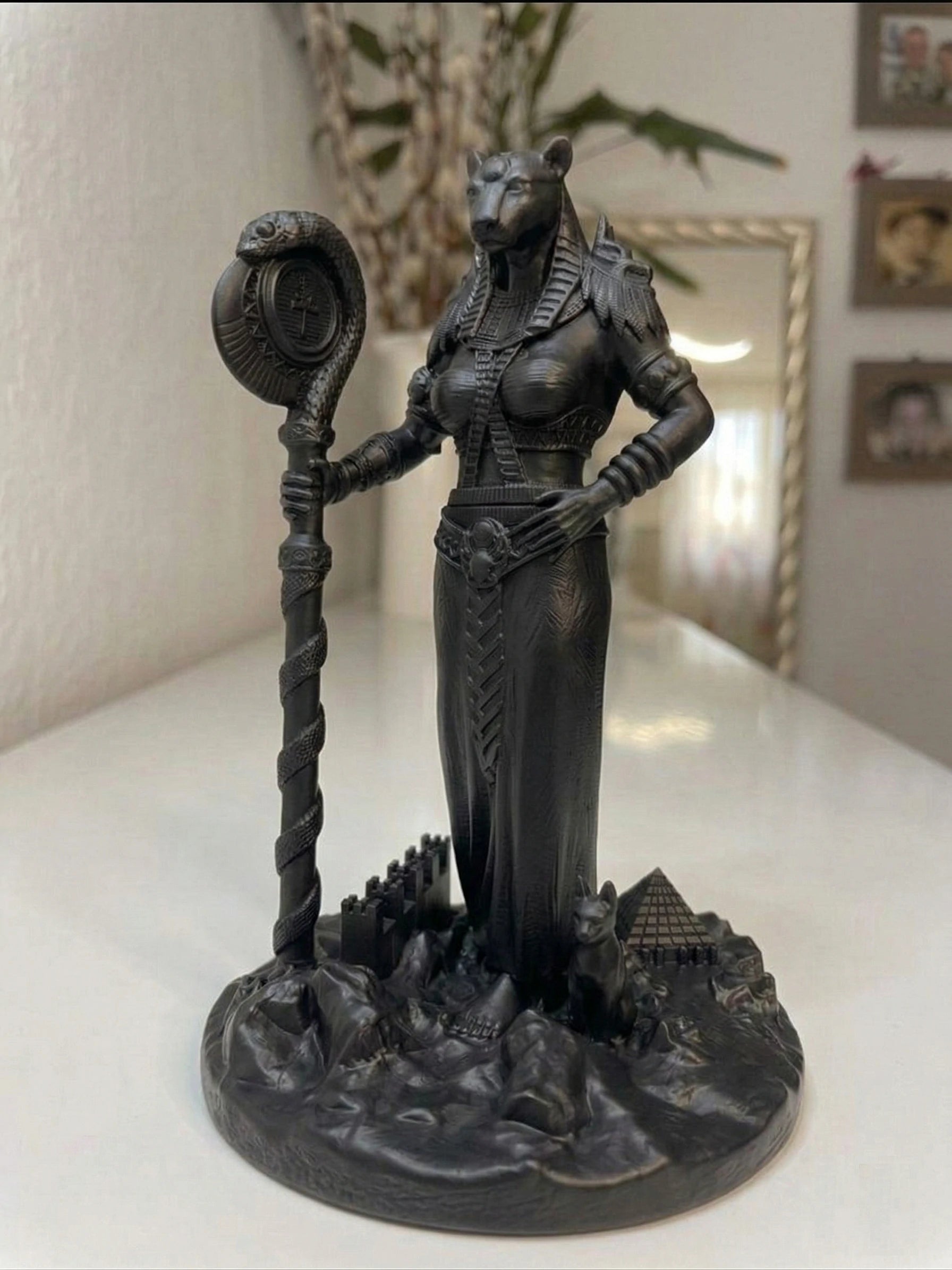 Bastet - Egyptian Goddess - Hand-painted Antique Gold Statue - Altar Decoration