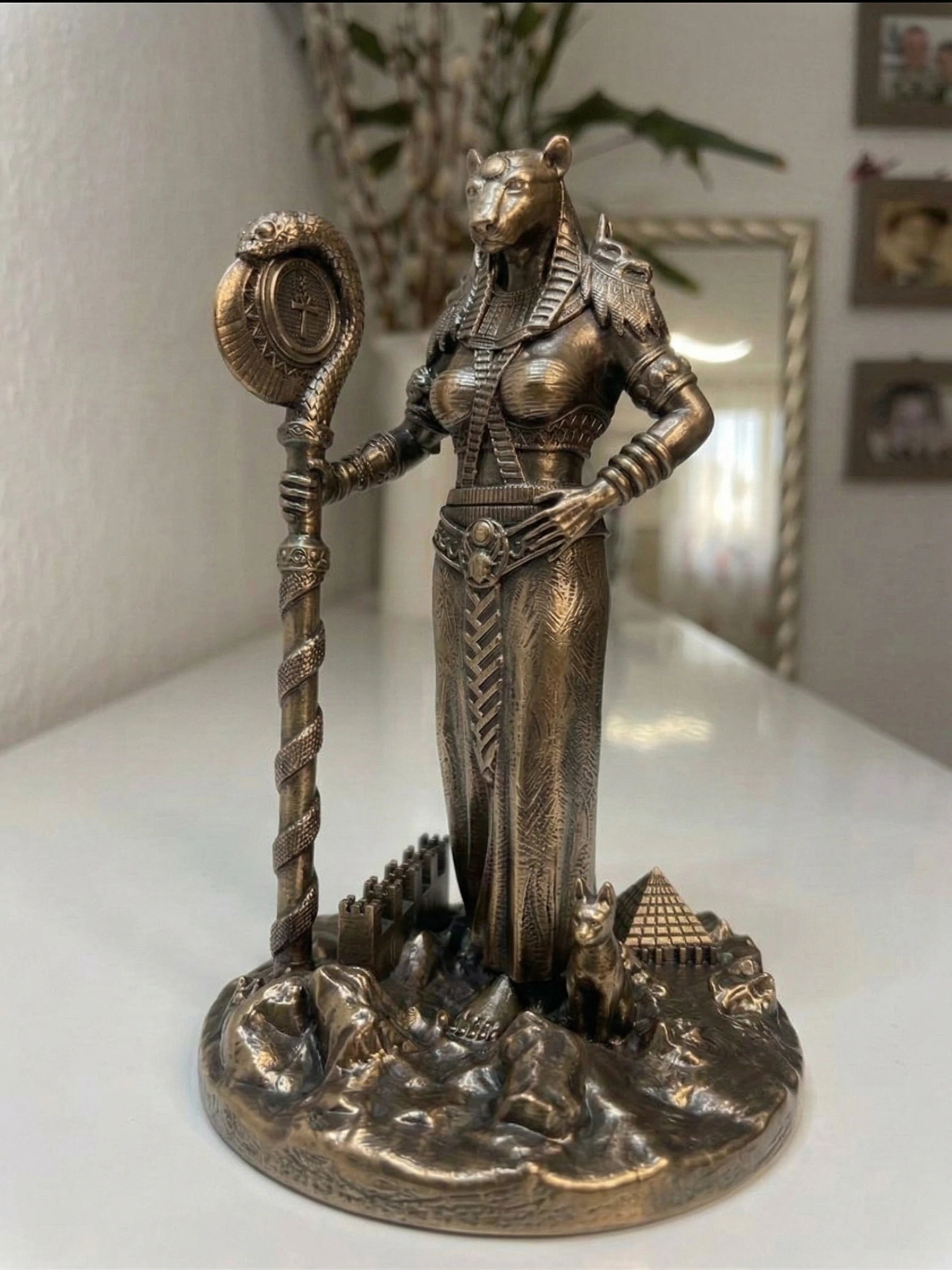 Bastet - Egyptian Goddess - Hand-painted Antique Gold Statue - Altar Decoration