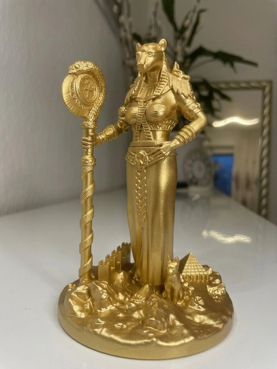 Bastet - Egyptian Goddess - Hand-painted Antique Gold Statue - Altar Decoration