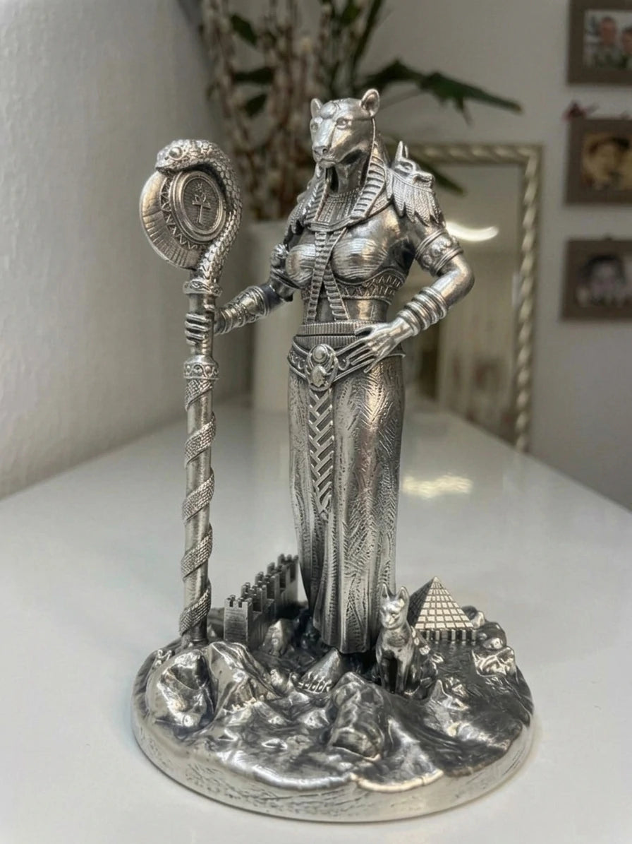 Bastet - Egyptian Goddess - Hand-painted Antique Gold Statue - Altar Decoration