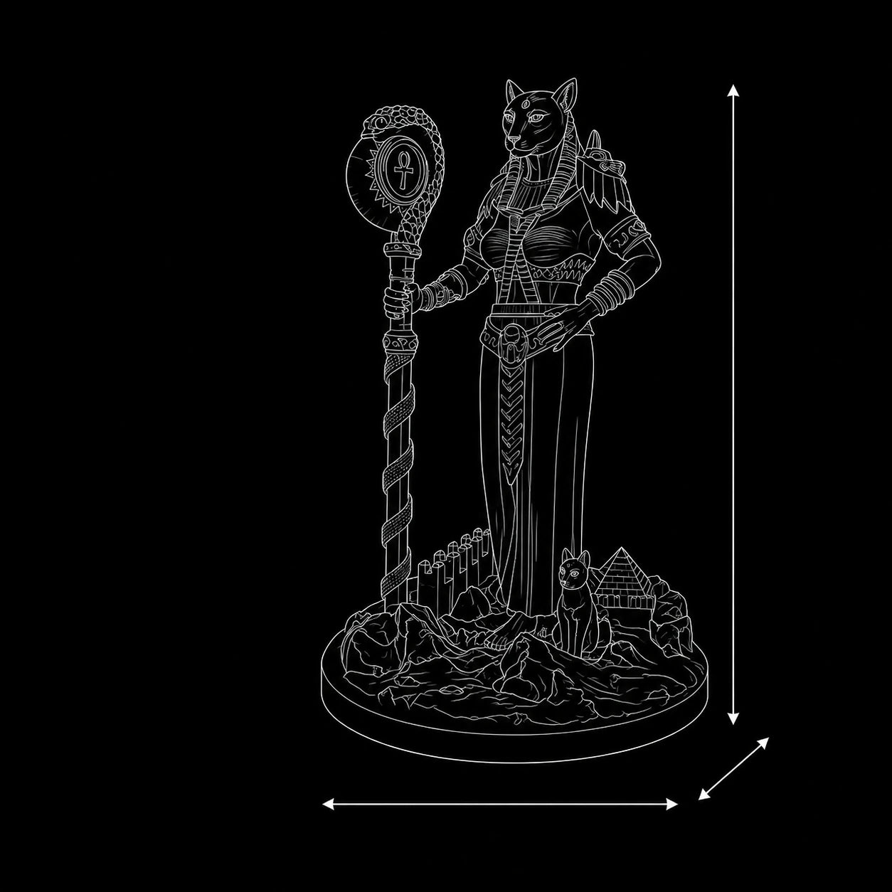 Bastet statue wireframe 3D model – SLA resin Egyptian Cat Goddess sculpture dimensions PrintableArtForge