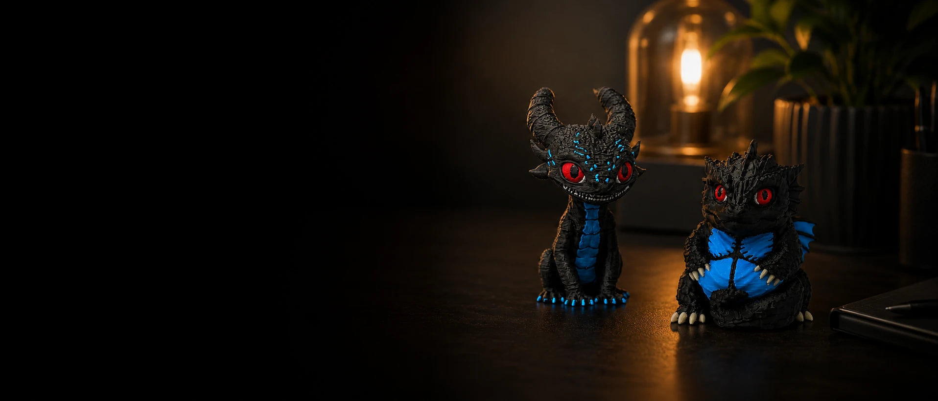 Desk Buddies dragon figurines collection banner – multicolor 3D printed fantasy dragons – PrintableArtForge
