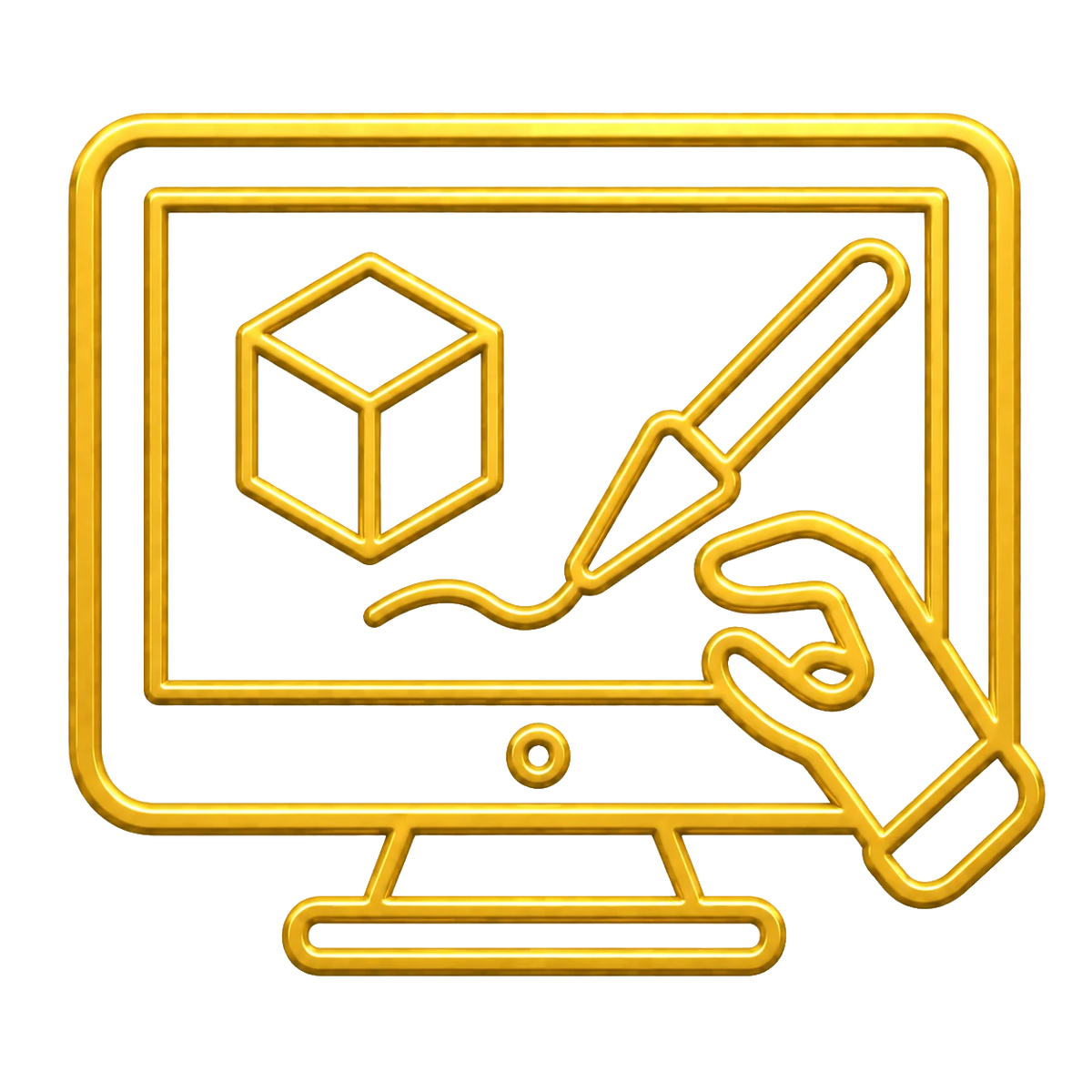 Gold monitor with stylus and cube icon – digital sculpting PrintableArtForge