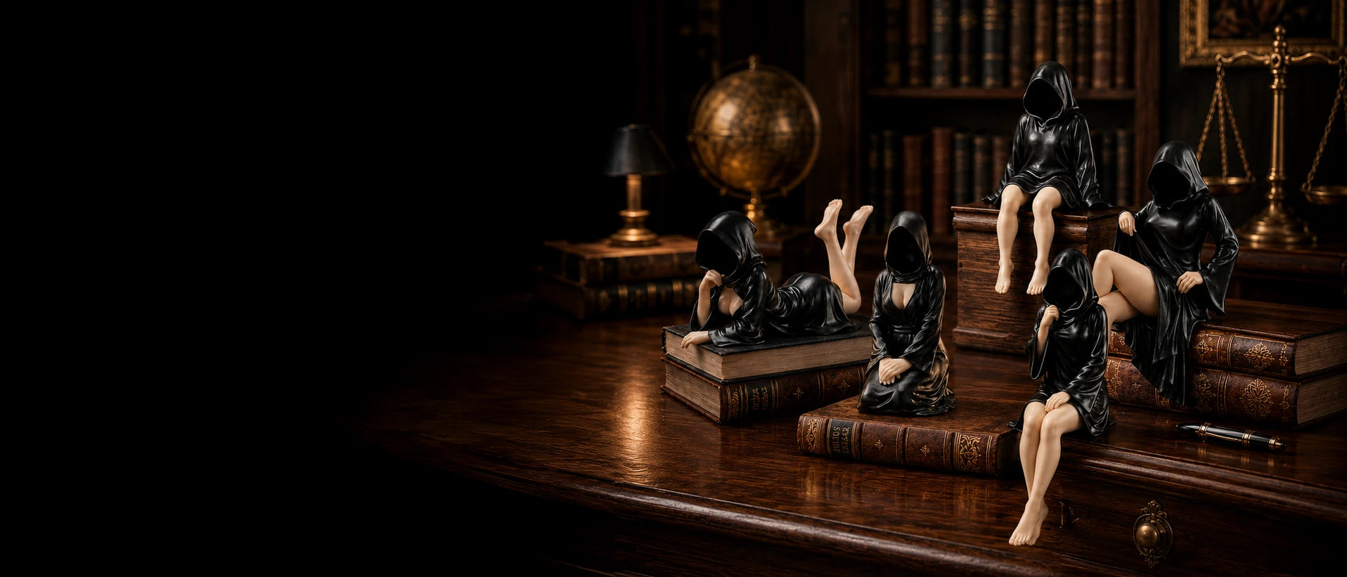Gothic and shelf decor collection banner – faceless hooded figurines dark academia – PrintableArtForge