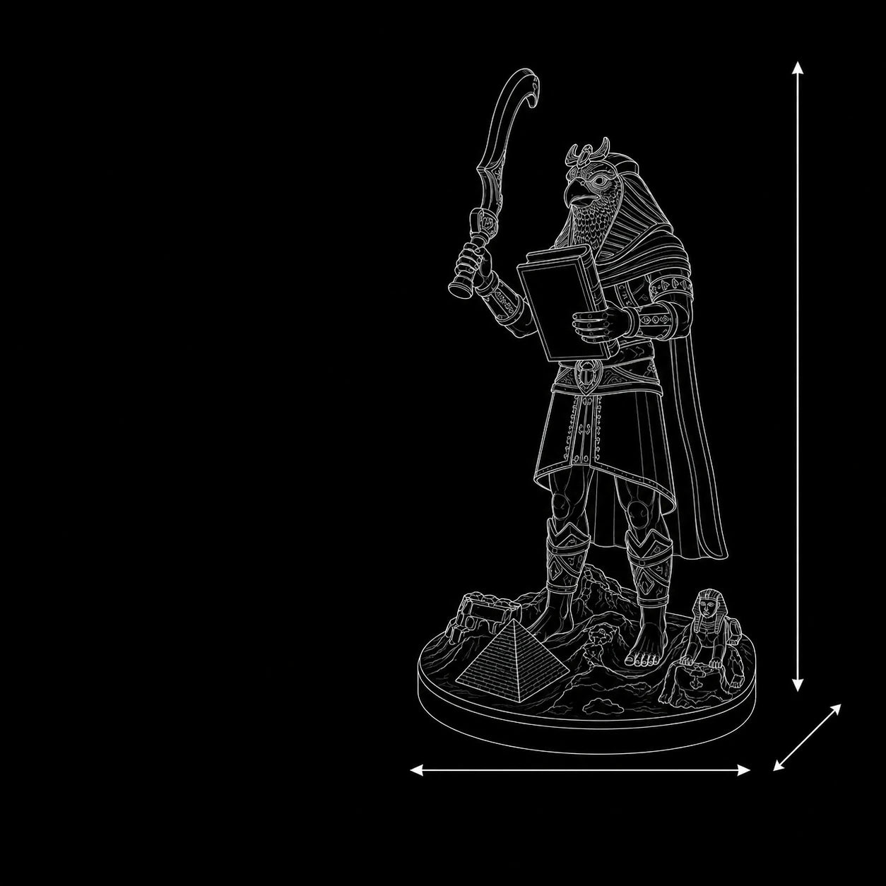 Horus statue wireframe 3D model – SLA resin Egyptian Sky God sculpture dimensions PrintableArtForge