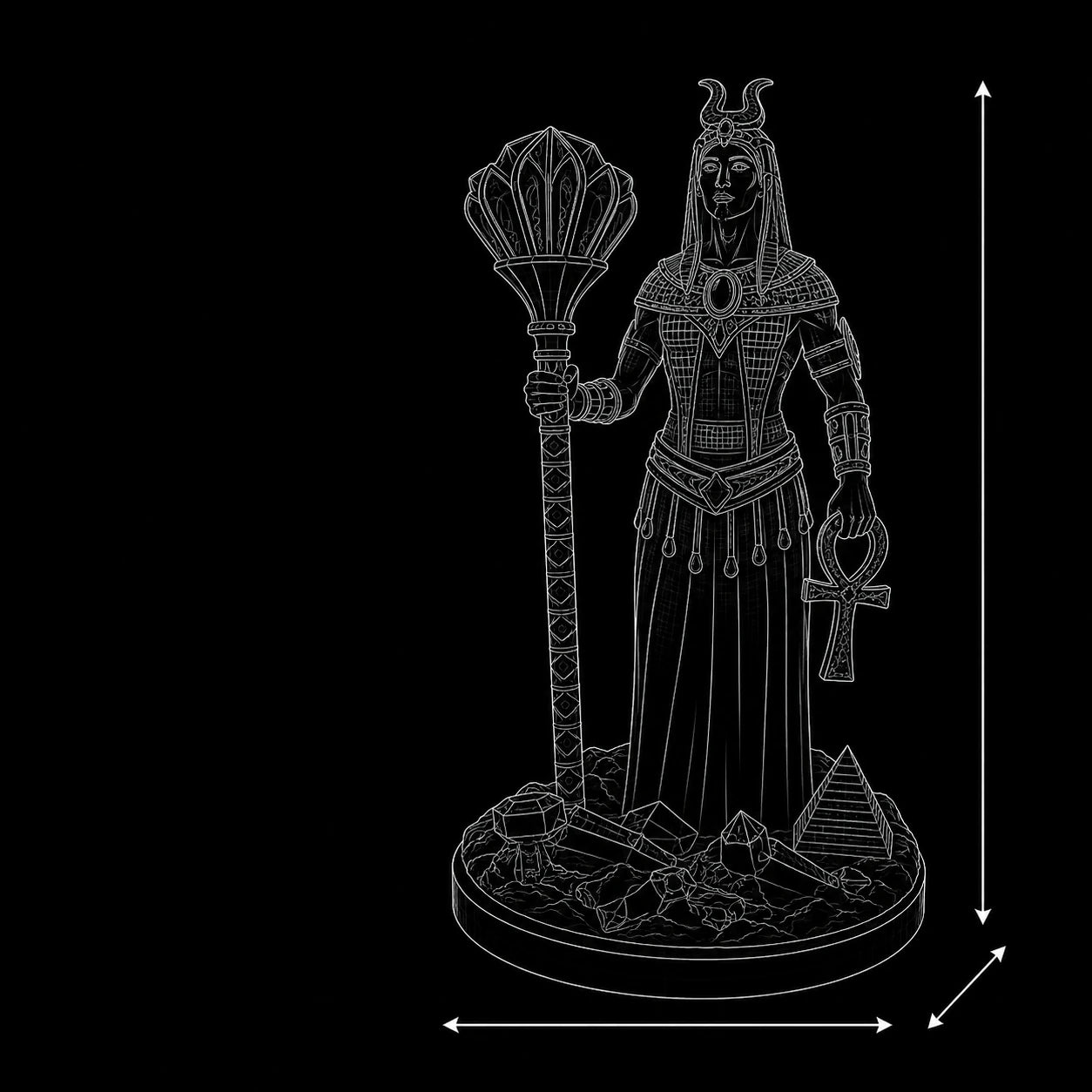 Isis statue wireframe 3D model – SLA resin Egyptian Goddess of Magic dimensions PrintableArtForge