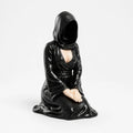 The Devoted kneeling faceless hooded figurine – gothic shelf decor matte black resin – front view – PrintableArtForge