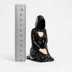 The Devoted kneeling faceless hooded figurine – gothic shelf decor matte black resin – size comparison with ruler – PrintableArtForge