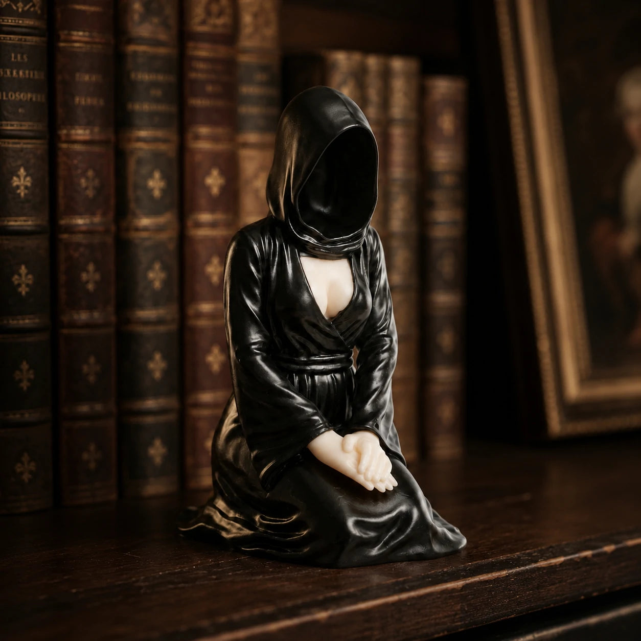 The Devoted kneeling faceless hooded figurine – gothic shelf decor matte black resin – lifestyle scene dark shelf – PrintableArtForge