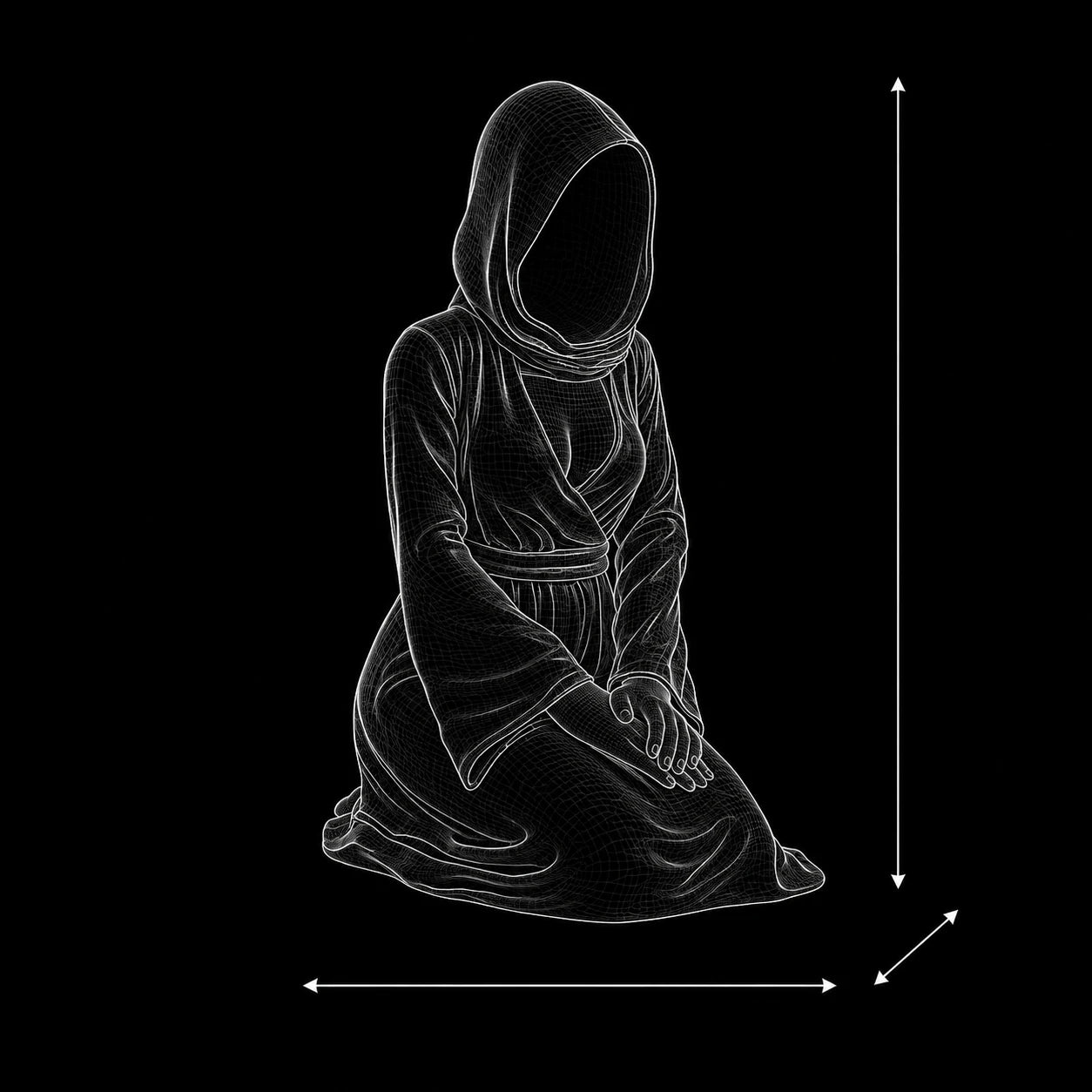 The Devoted hooded figurine wireframe 3D model – dimensions and structure PrintableArtForge