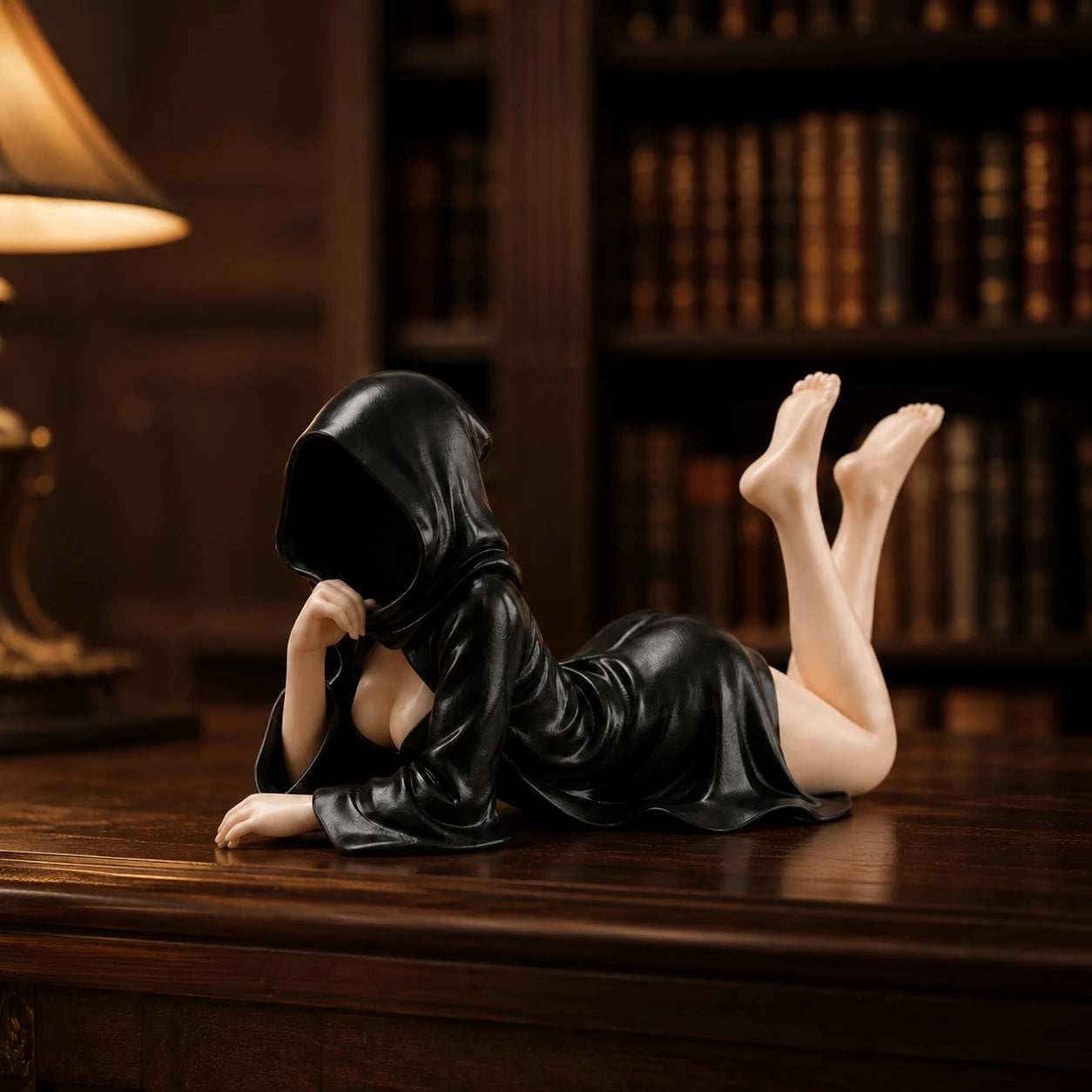 The Fallen faceless hooded figurine – gothic shelf decor matte black resin – lifestyle scene dark shelf – PrintableArtForge