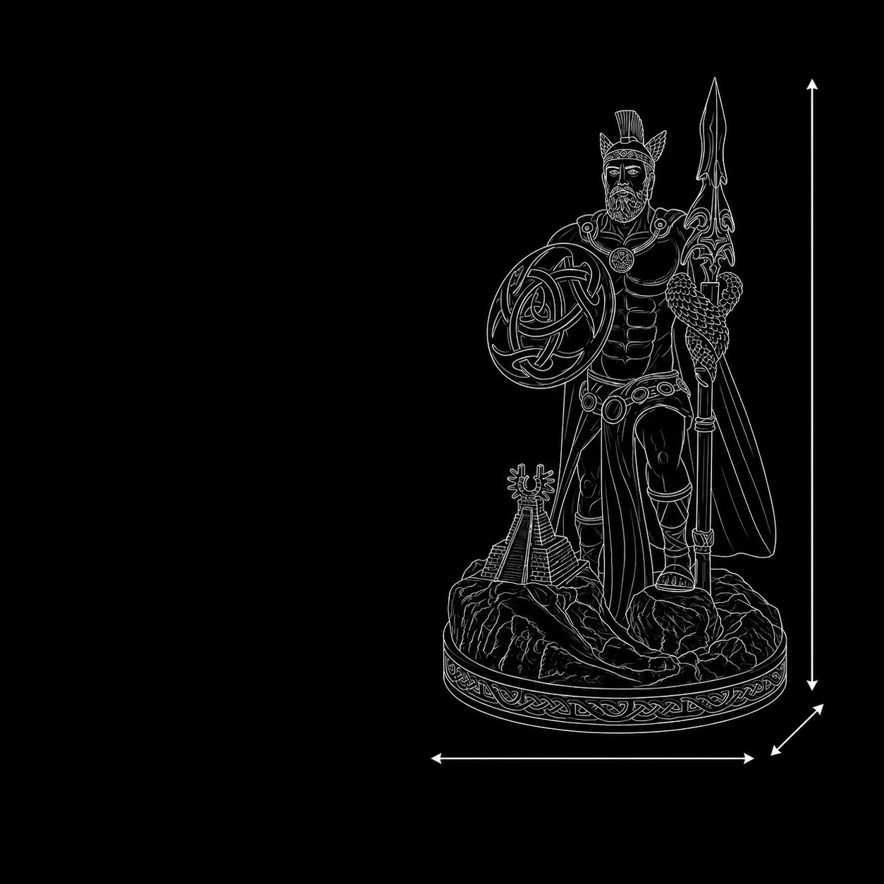 Lugh Celtic Sun God statue wireframe 3D model – SLA resin sculpture dimensions PrintableArtForge