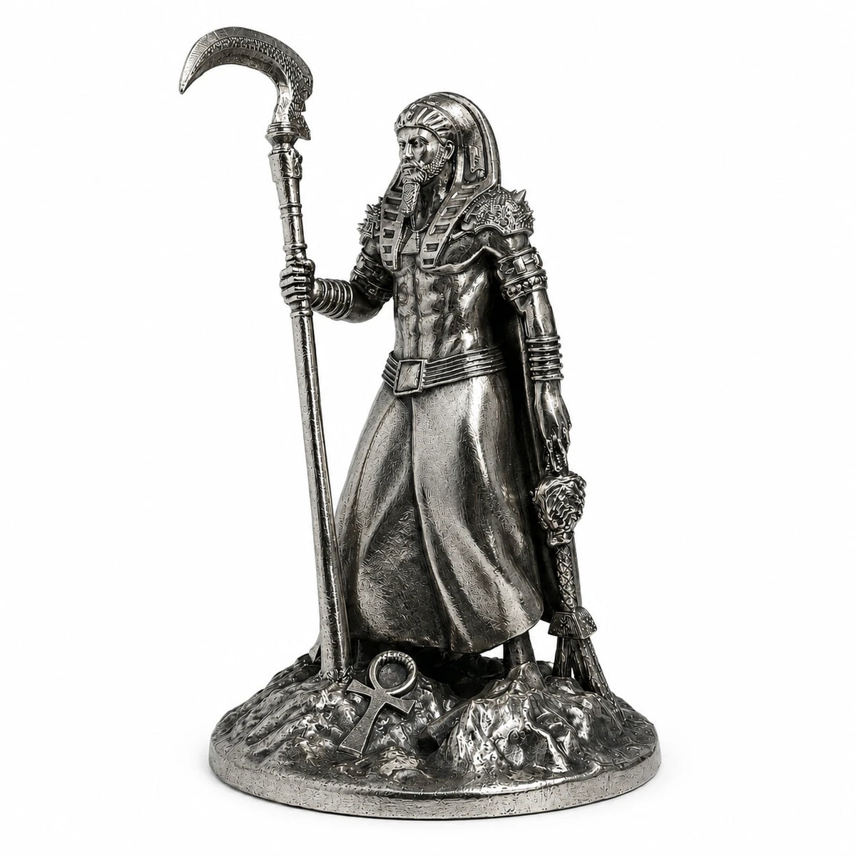 Osiris Egyptian God of Rebirth statue – hand-painted SLA resin 15 cm – front view silver finish – PrintableArtForge