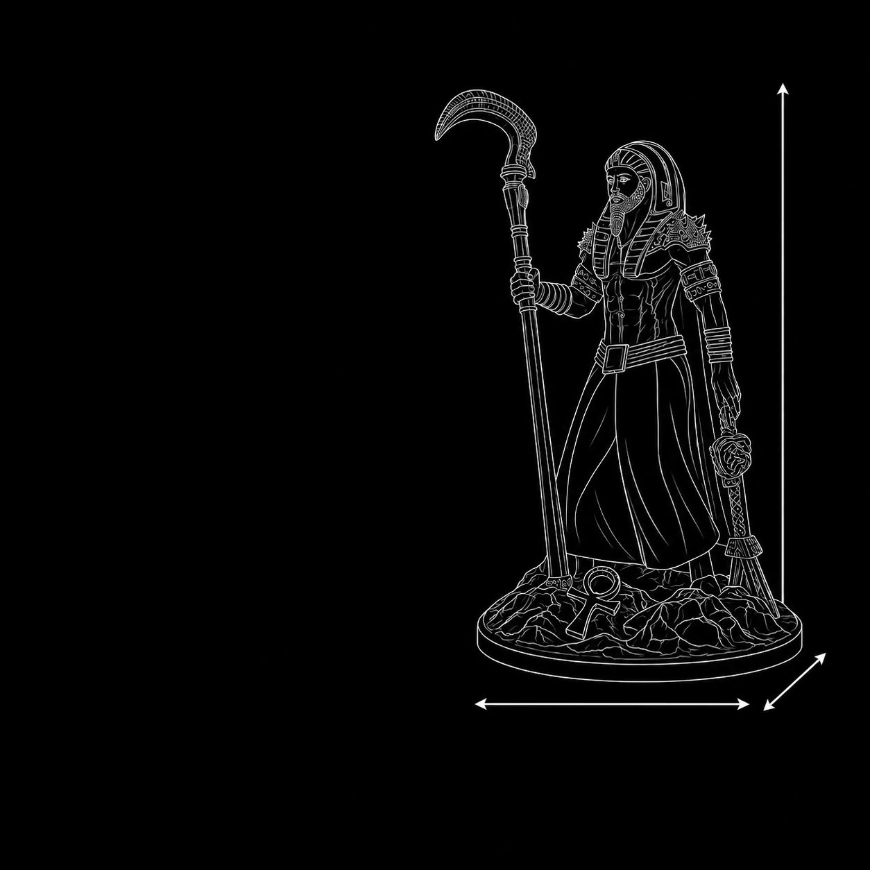 Osiris statue wireframe 3D model – SLA resin Egyptian God of Rebirth dimensions PrintableArtForge