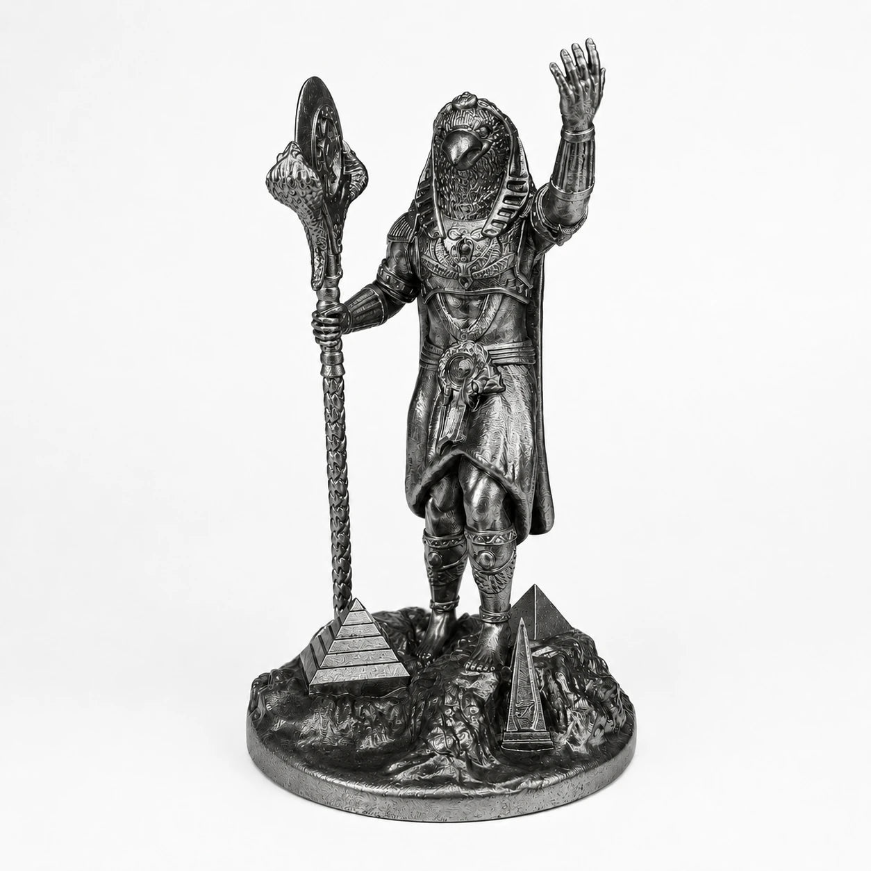 Ra Egyptian Sun God statue – hand-painted SLA resin 15 cm – front view silver finish – PrintableArtForge