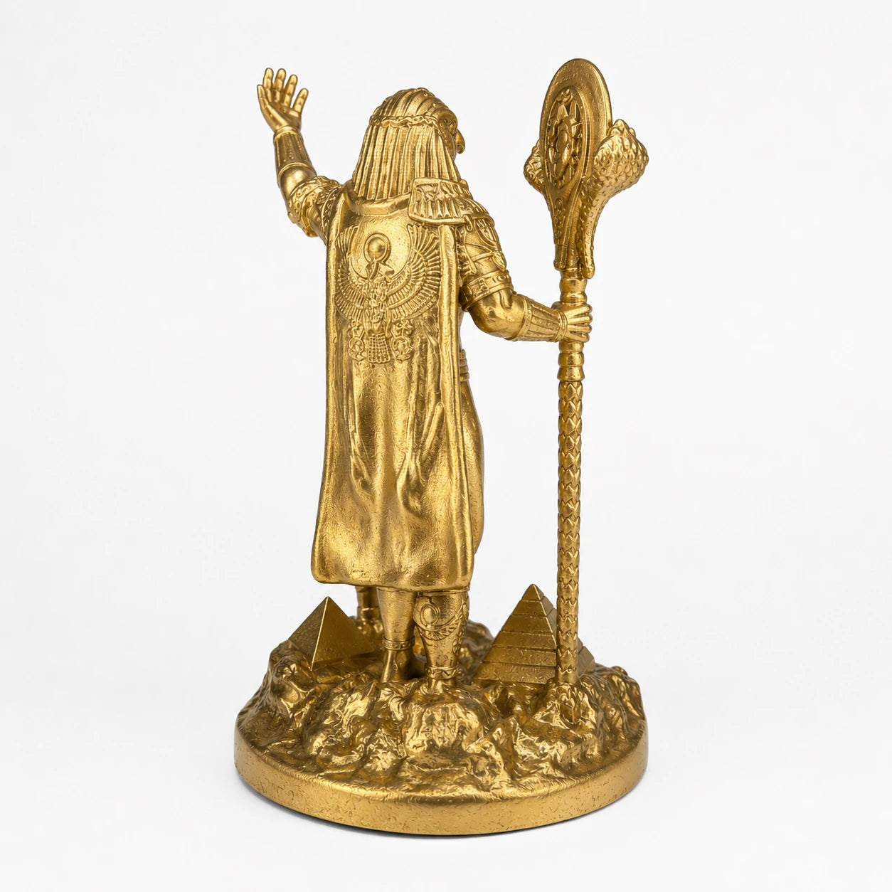 Ra Egyptian Sun God statue – hand-painted SLA resin 15 cm – back view antique gold finish – PrintableArtForge