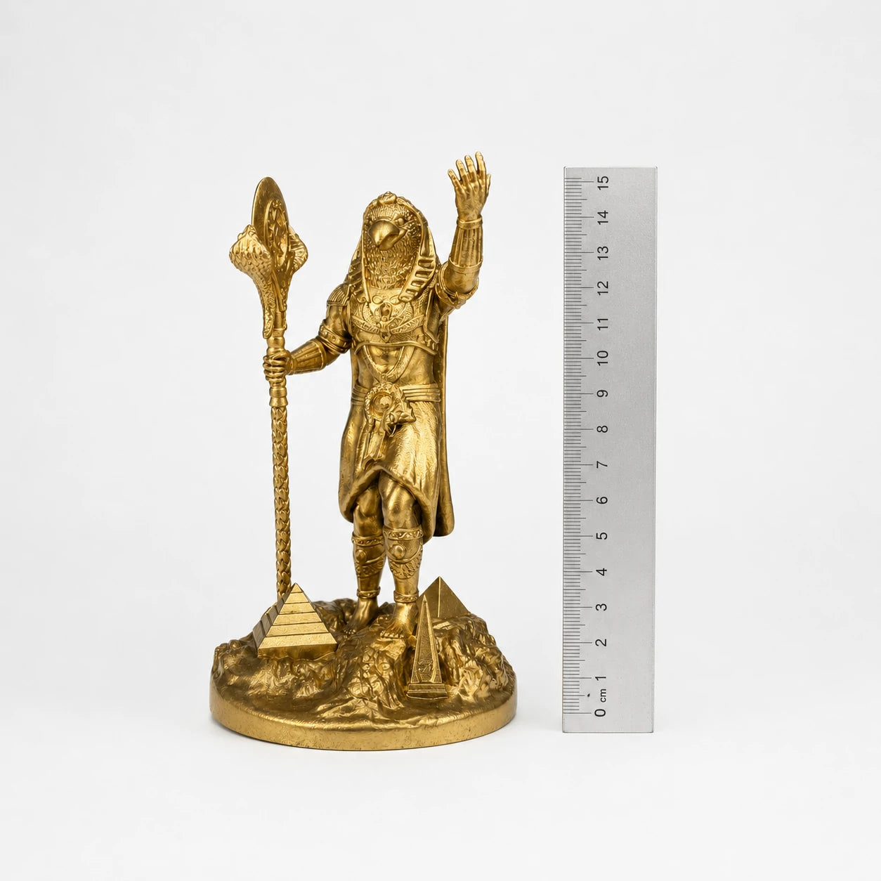 Ra Egyptian Sun God statue – hand-painted SLA resin 15 cm – size comparison with ruler – PrintableArtForge