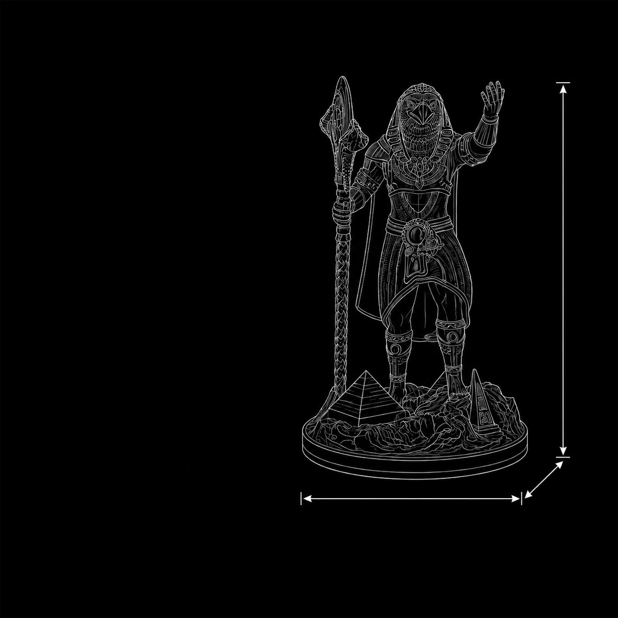 Ra statue wireframe 3D model – SLA resin Egyptian Sun God sculpture dimensions PrintableArtForge