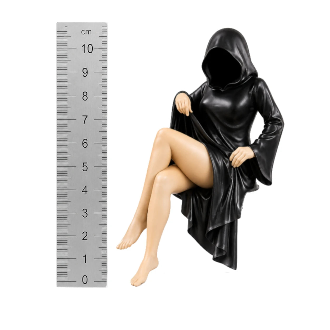 The Vanishing faceless hooded figurine – gothic shelf decor matte black resin – size comparison with ruler – PrintableArtForge