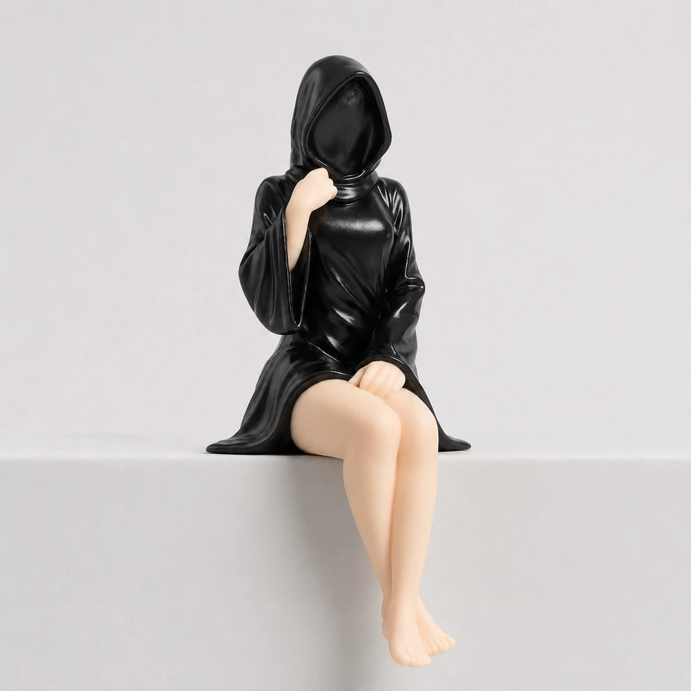 The Keeper sitting faceless hooded figurine – gothic shelf decor matte black resin – front view – PrintableArtForge