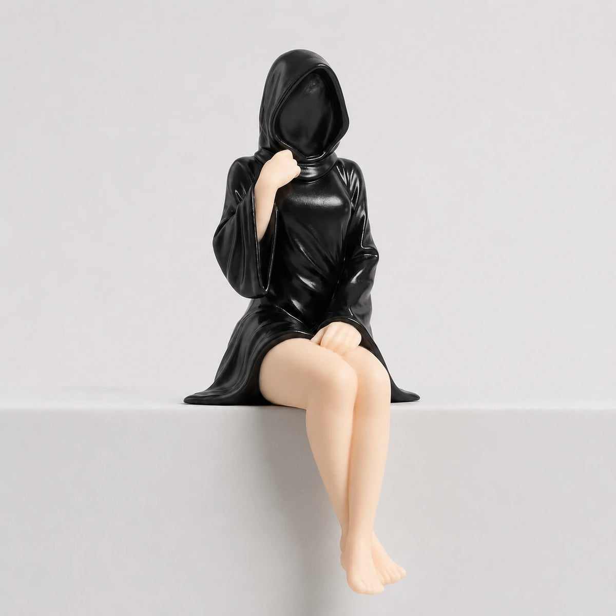 The Keeper sitting faceless hooded figurine – gothic shelf decor matte black resin – front view – PrintableArtForge