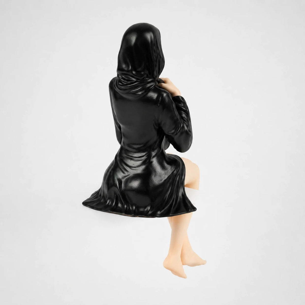 The Keeper sitting faceless hooded figurine – gothic shelf decor matte black resin – back view – PrintableArtForge
