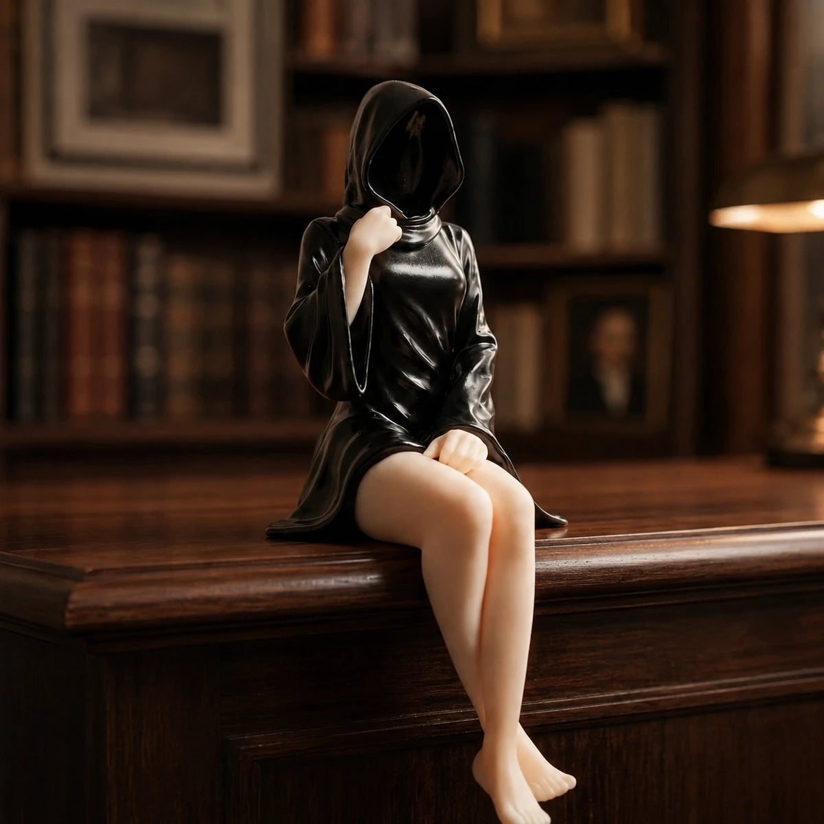 The Keeper sitting faceless hooded figurine – gothic shelf decor matte black resin – lifestyle scene dark shelf – PrintableArtForge