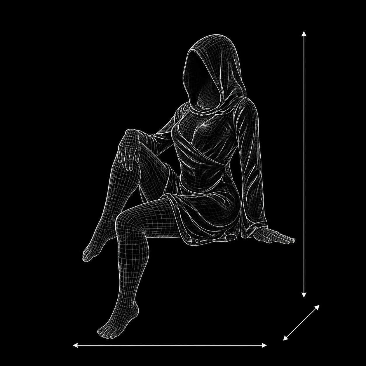 The Wanderer hooded figurine wireframe 3D model – dimensions and structure PrintableArtForge