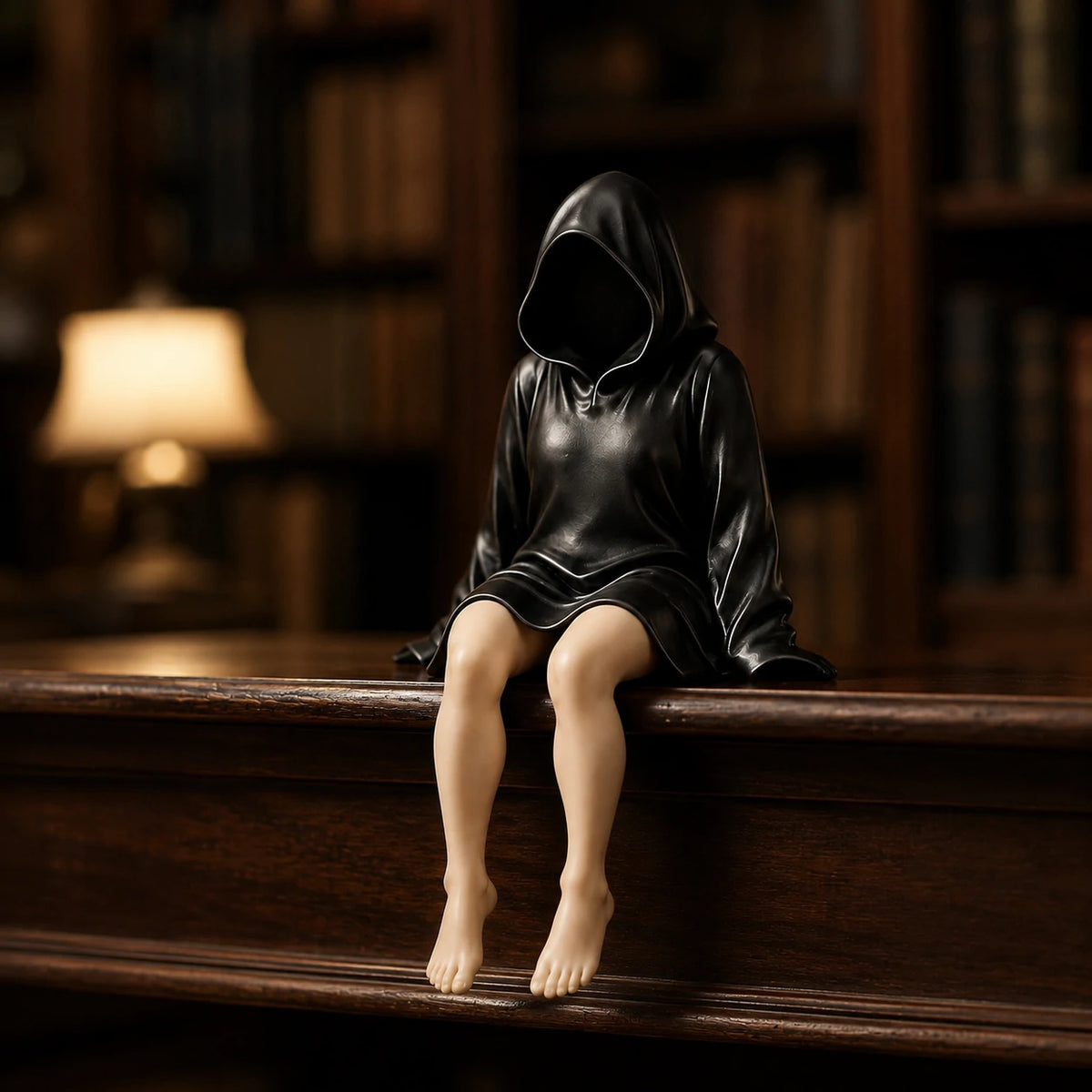 The Watcher faceless hooded figurine – gothic shelf sitter matte black resin – lifestyle scene dark shelf – PrintableArtForge