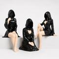 Faceless Hooded Figurine Set A – gothic shelf decor matte black resin – front view – PrintableArtForge