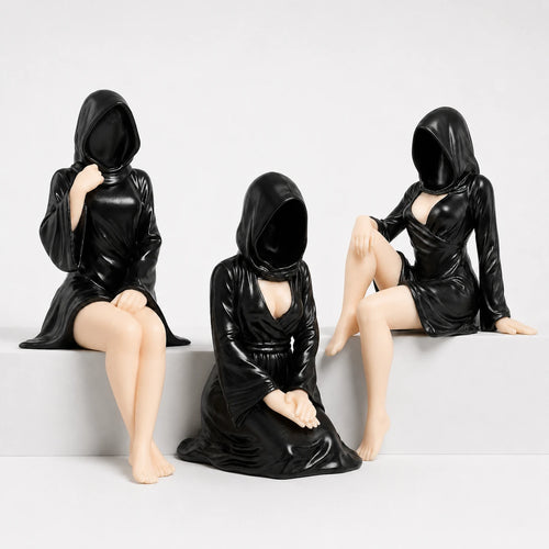 Faceless Hooded Figurine Set A – gothic shelf decor matte black resin – front view – PrintableArtForge