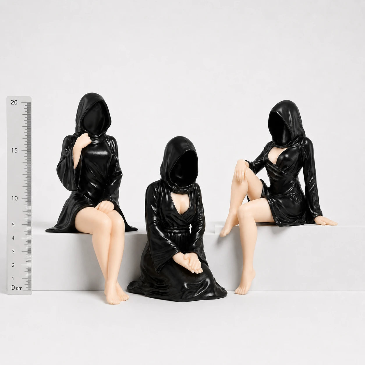 Faceless Hooded Figurine Set A – gothic shelf decor matte black resin – size comparison with ruler – PrintableArtForge