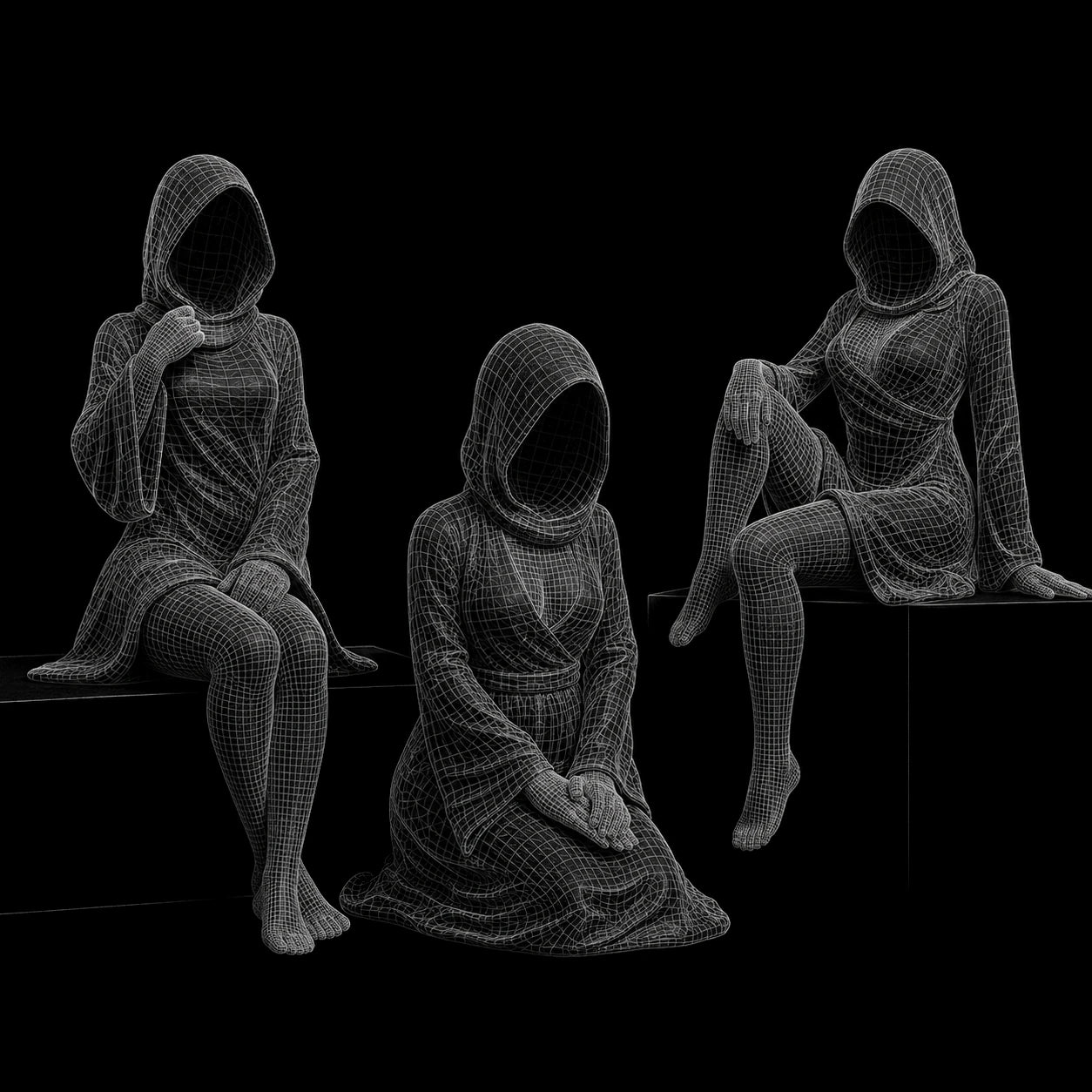 Faceless Hooded Figurine Set A – gothic shelf decor matte black resin – wireframe 3D model dimensions – PrintableArtForge