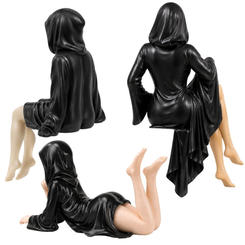 Faceless Hooded Figurine Set B – gothic shelf decor matte black resin – back view – PrintableArtForge